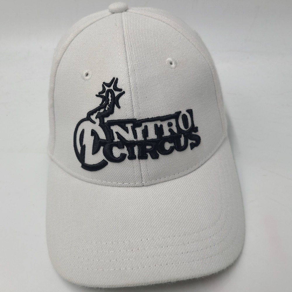 Nitro Circus Hat Fitted L-XL White Black Logo Travis‎ Pastrana Wool Blend Men
